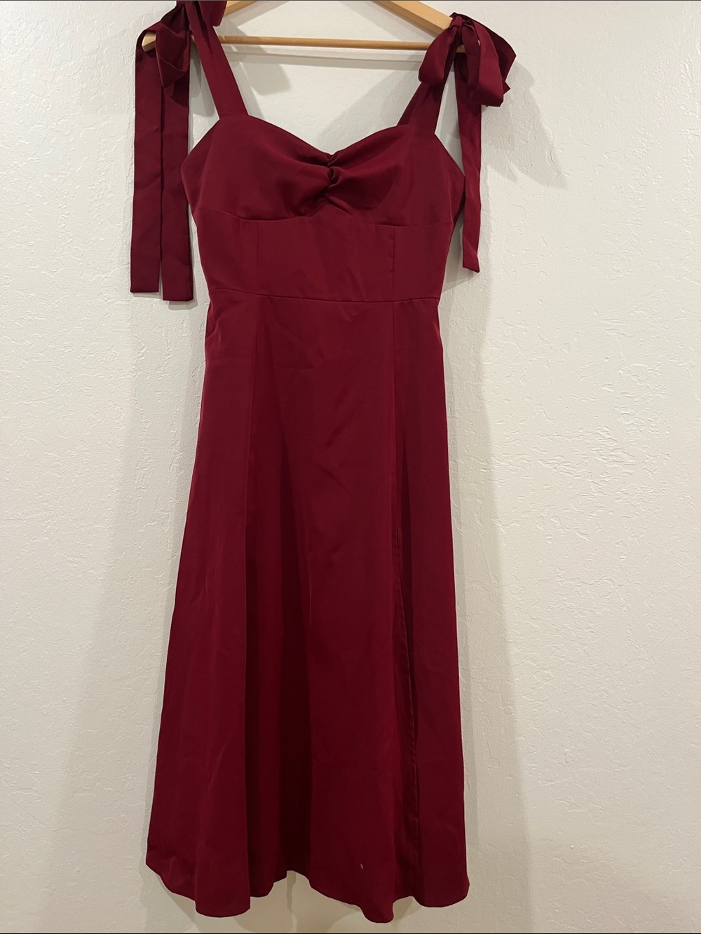 Tie-Shoulder Burgundy Midi Dress